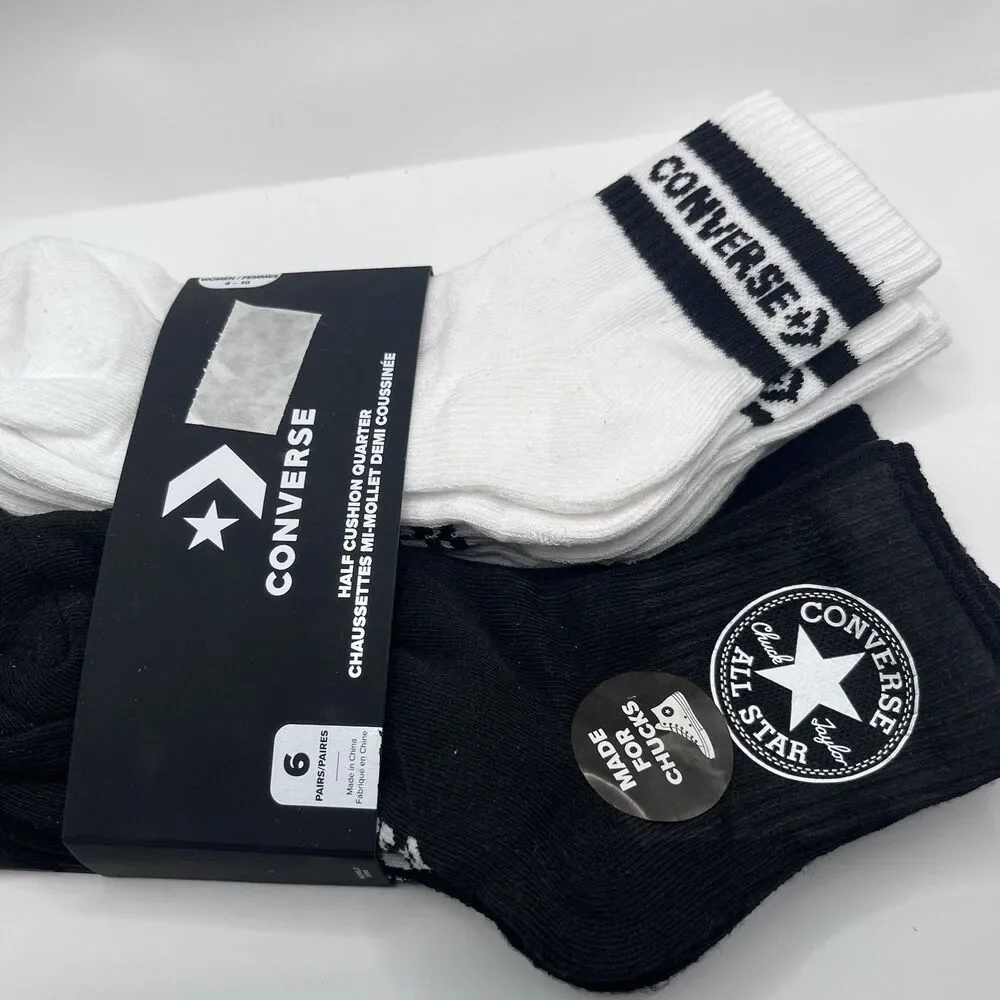 Converse Chucks Half Cusion Quarter Socks 6 pair Women's Size 4-10 BLACK & WHITE
